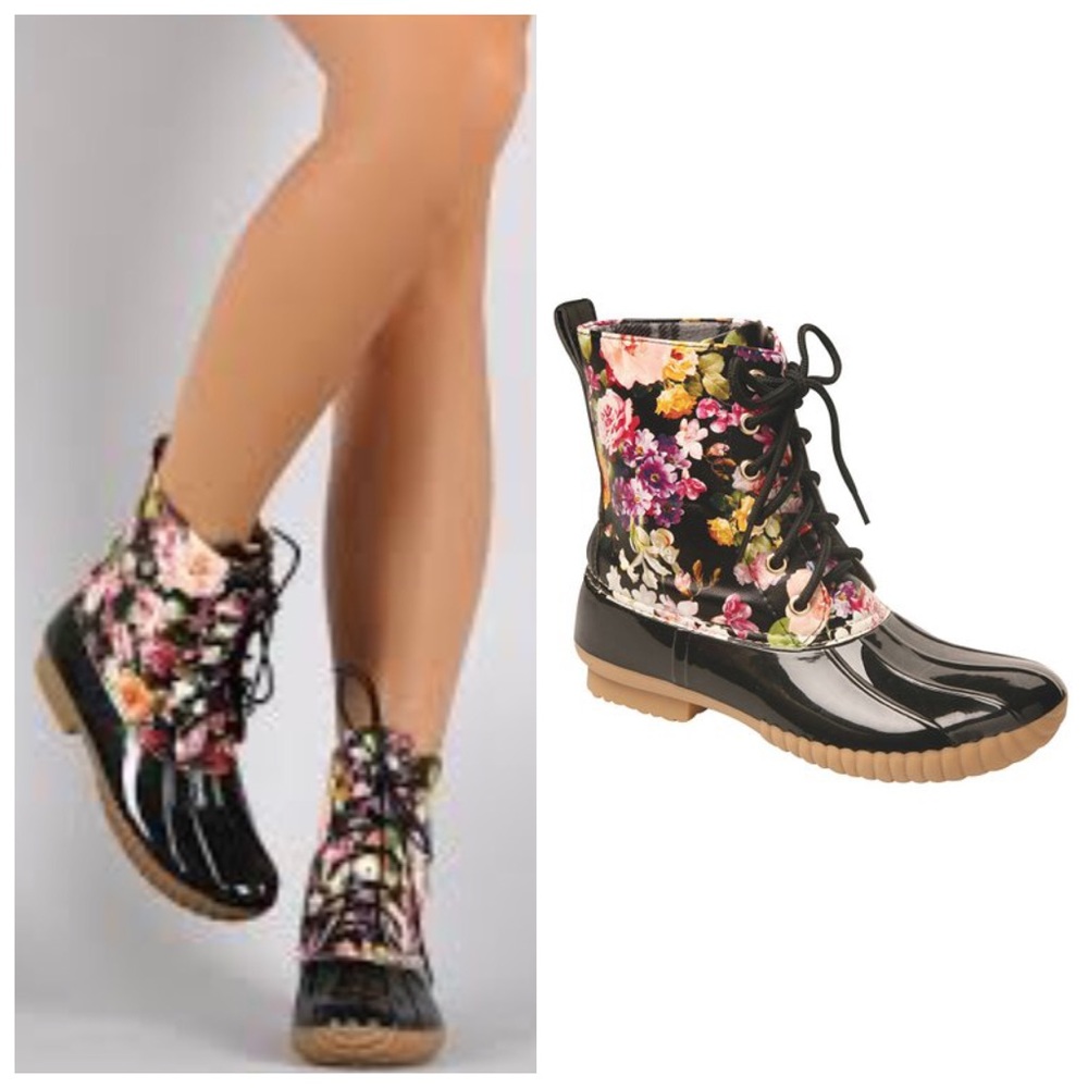 Black Floral Pattern Duck Boots 8